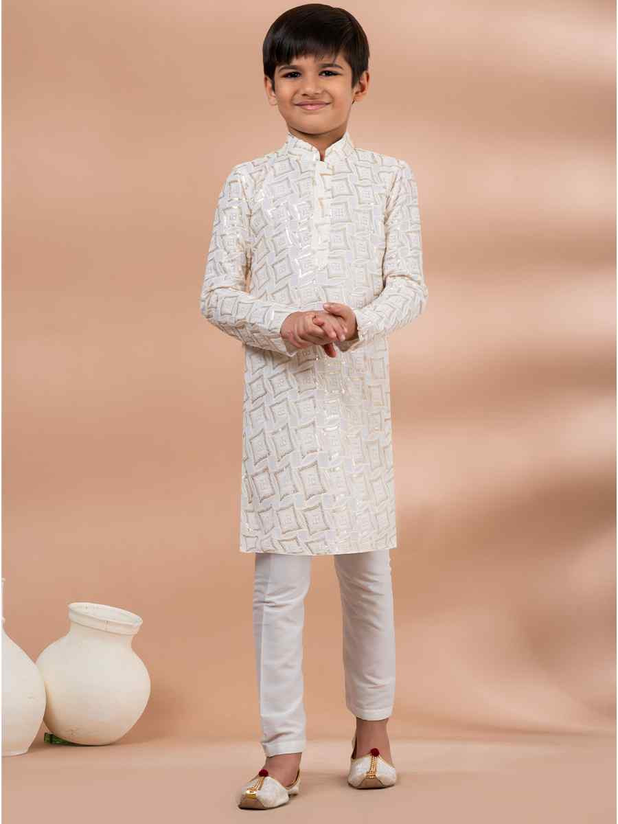 White Viscose Printed Festival Traditional Kurta Pyjama Boys Wear