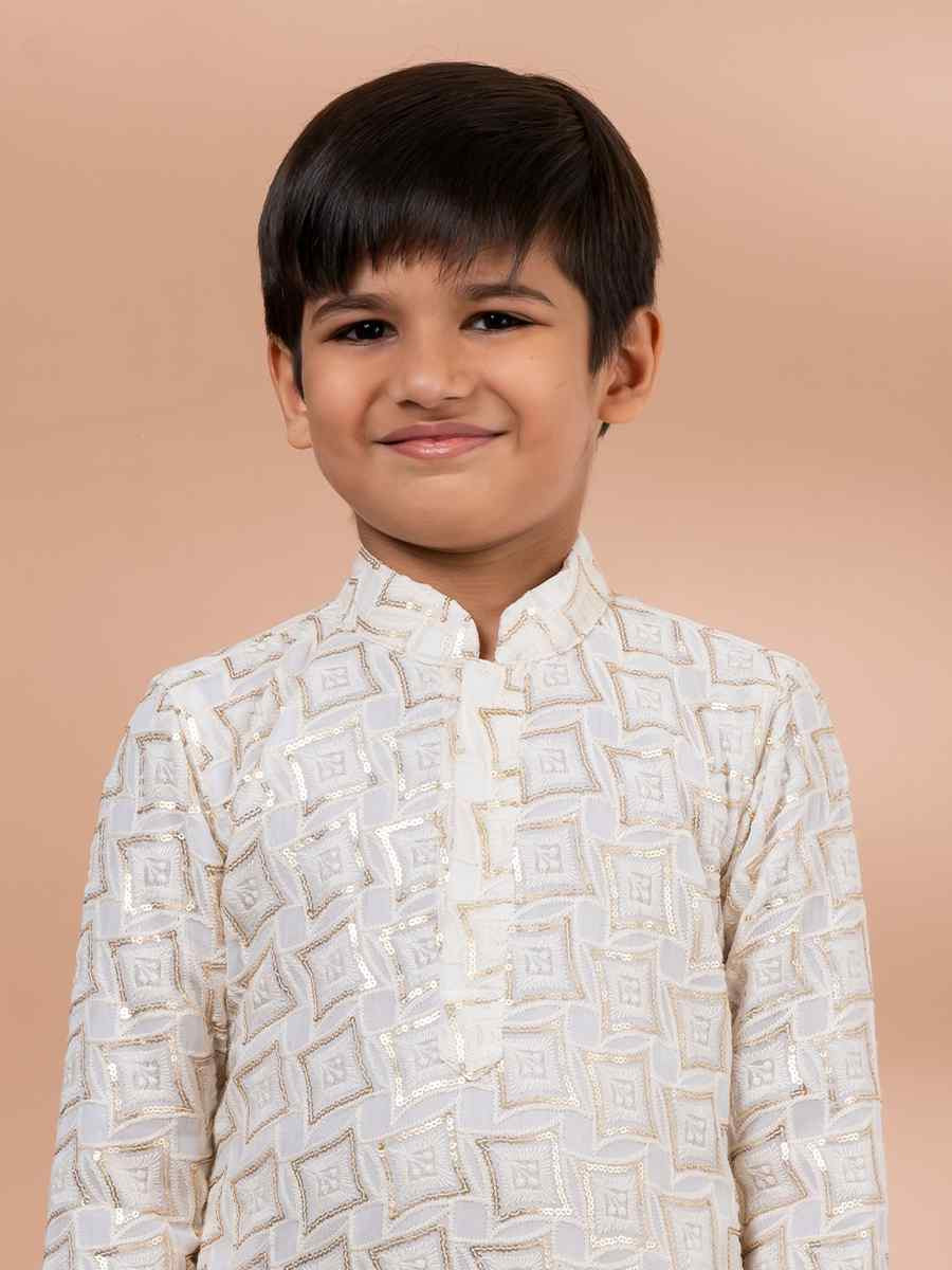 White Viscose Printed Festival Traditional Kurta Pyjama Boys Wear