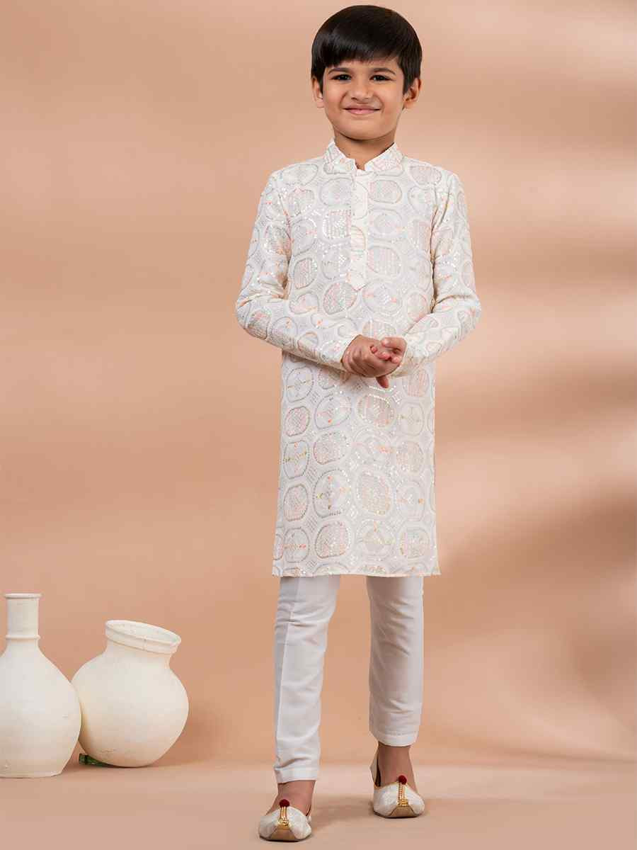 White Viscose Printed Festival Traditional Kurta Pyjama Boys Wear
