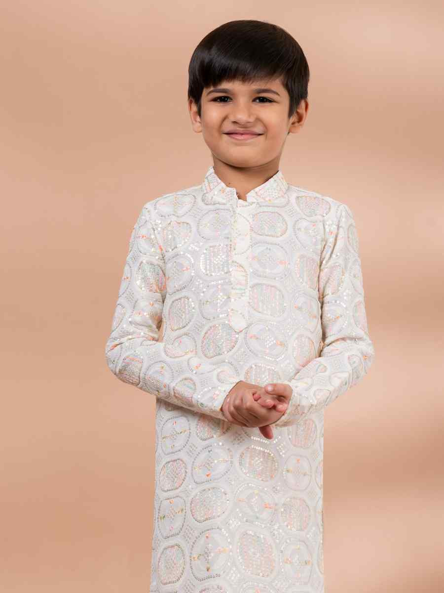 White Viscose Printed Festival Traditional Kurta Pyjama Boys Wear
