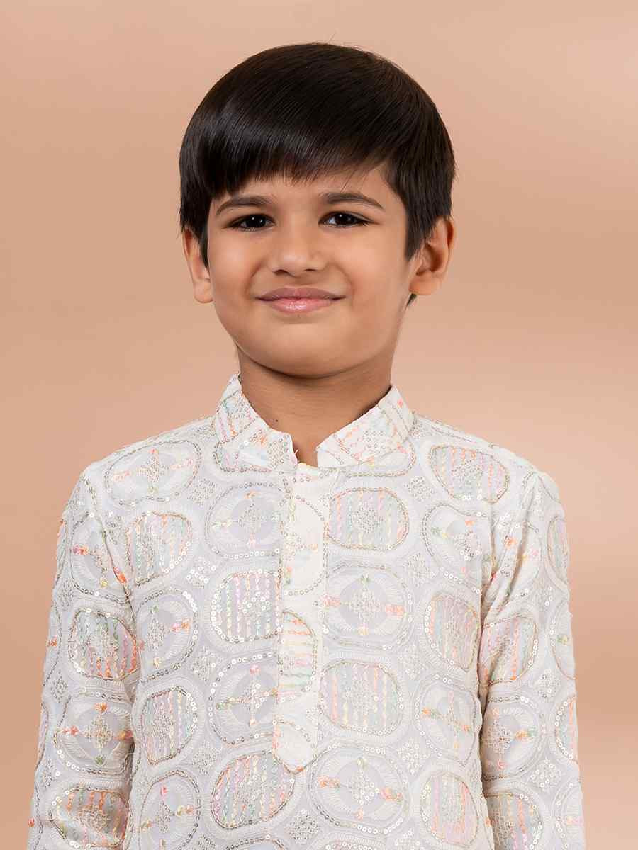 White Viscose Printed Festival Traditional Kurta Pyjama Boys Wear