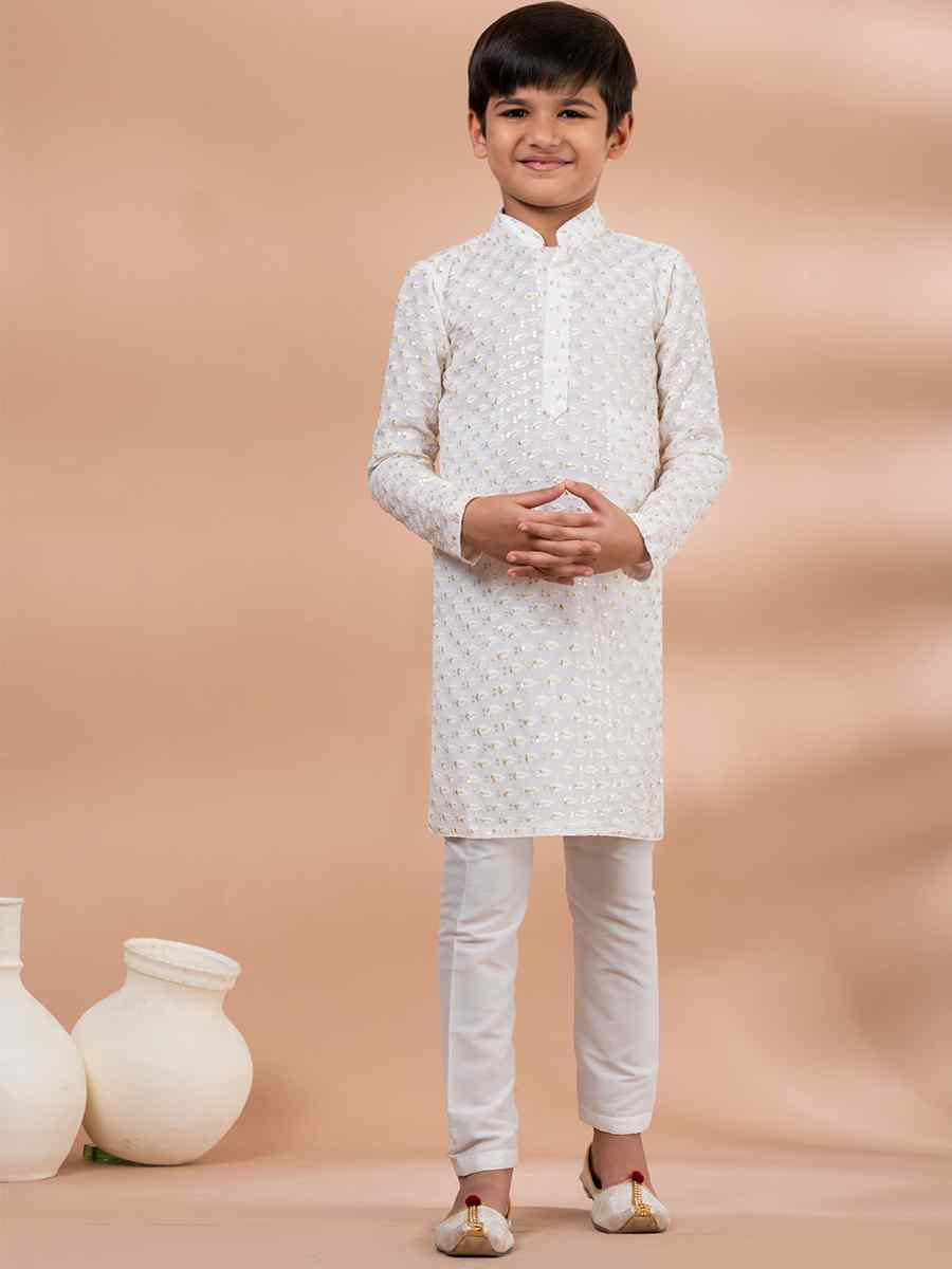 White Viscose Printed Festival Traditional Kurta Pyjama Boys Wear
