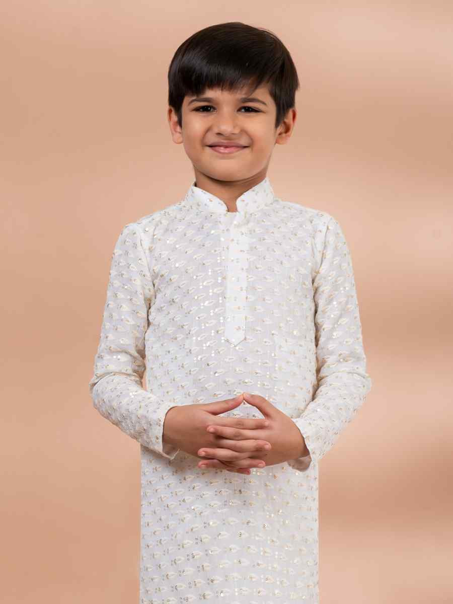 White Viscose Printed Festival Traditional Kurta Pyjama Boys Wear