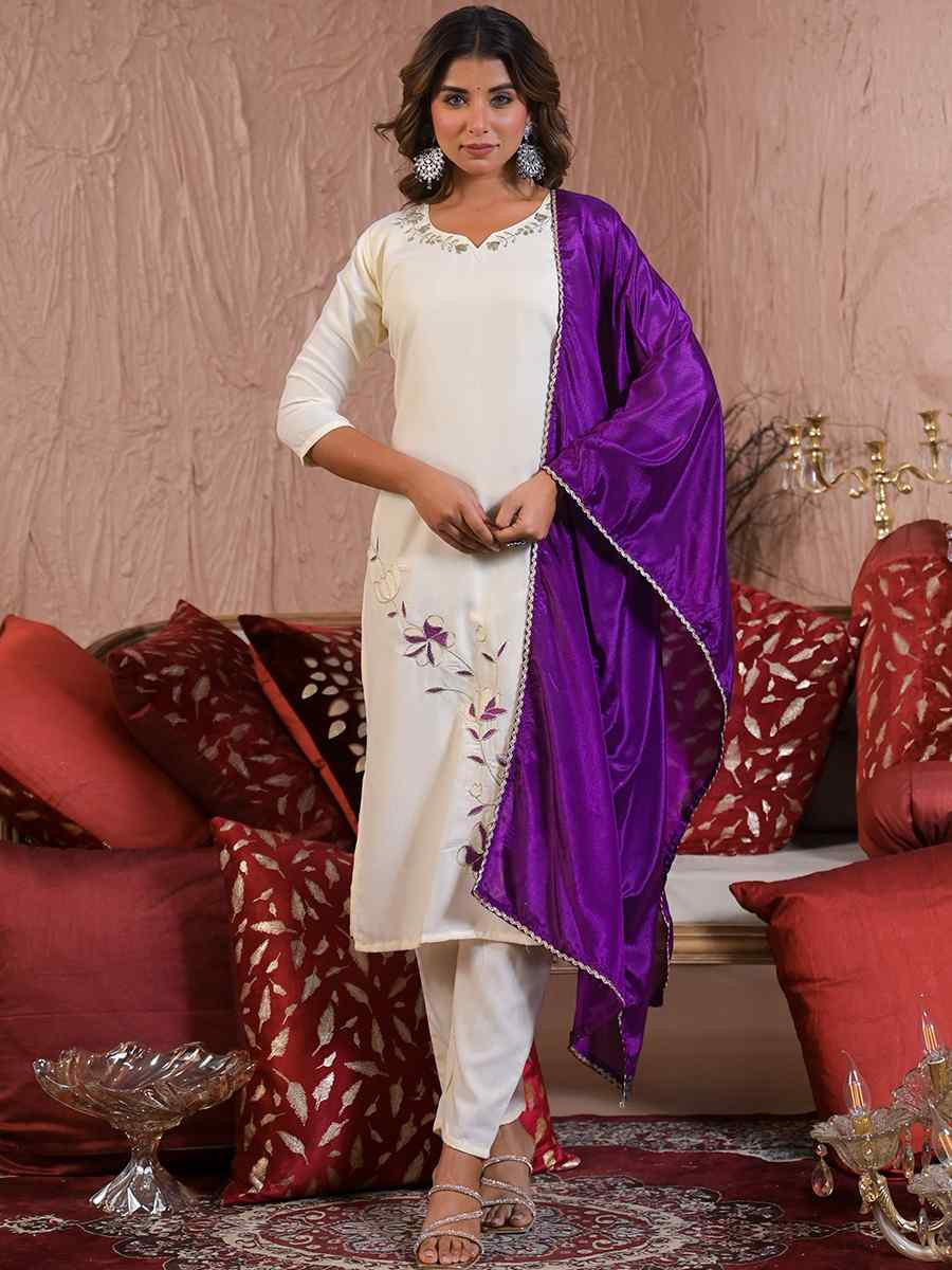 White Viscose Rayon Embroidered Festival Casual Ready Pant Salwar Kameez