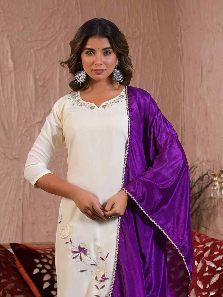 White Viscose Rayon Embroidered Festival Casual Ready Pant Salwar Kameez