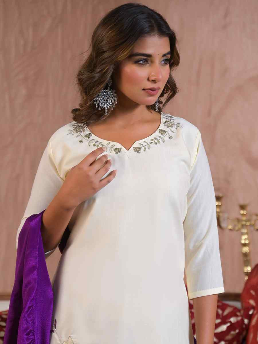 White Viscose Rayon Embroidered Festival Casual Ready Pant Salwar Kameez