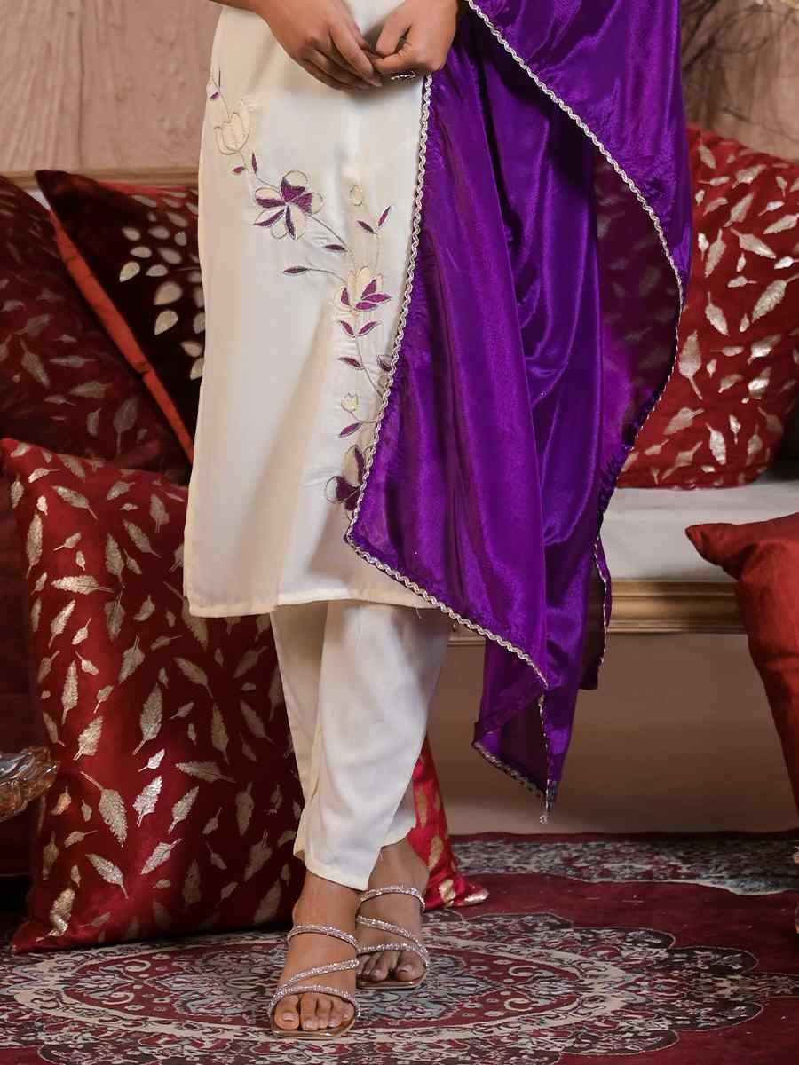 White Viscose Rayon Embroidered Festival Casual Ready Pant Salwar Kameez