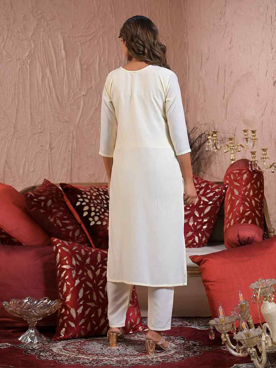 White Viscose Rayon Embroidered Festival Casual Ready Pant Salwar Kameez