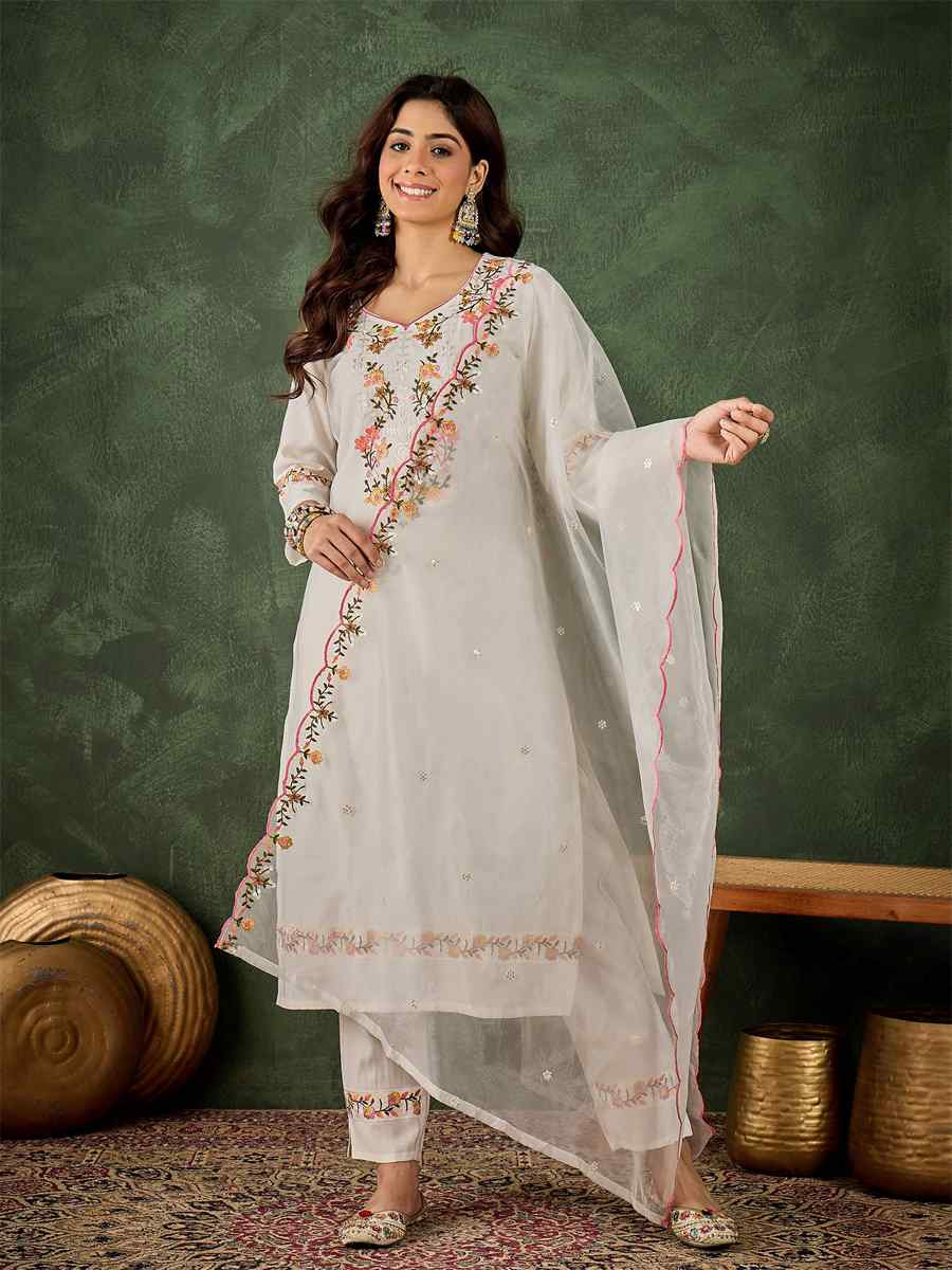 White Viscose Rayon Embroidery Party Wedding Festival Casual Ready Pant Salwar Kameez