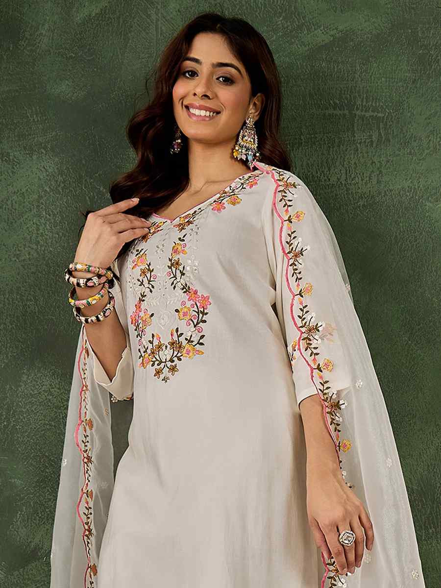 White Viscose Rayon Embroidery Party Wedding Festival Casual Ready Pant Salwar Kameez