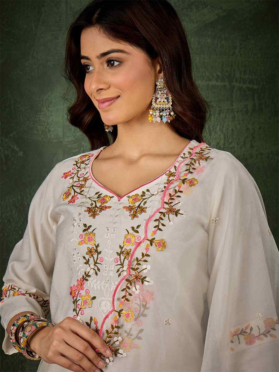 White Viscose Rayon Embroidery Party Wedding Festival Casual Ready Pant Salwar Kameez