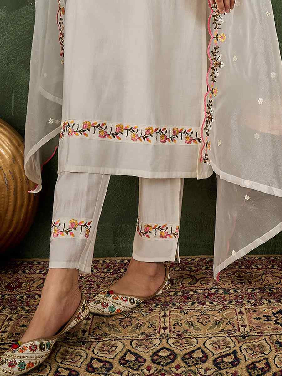 White Viscose Rayon Embroidery Party Wedding Festival Casual Ready Pant Salwar Kameez