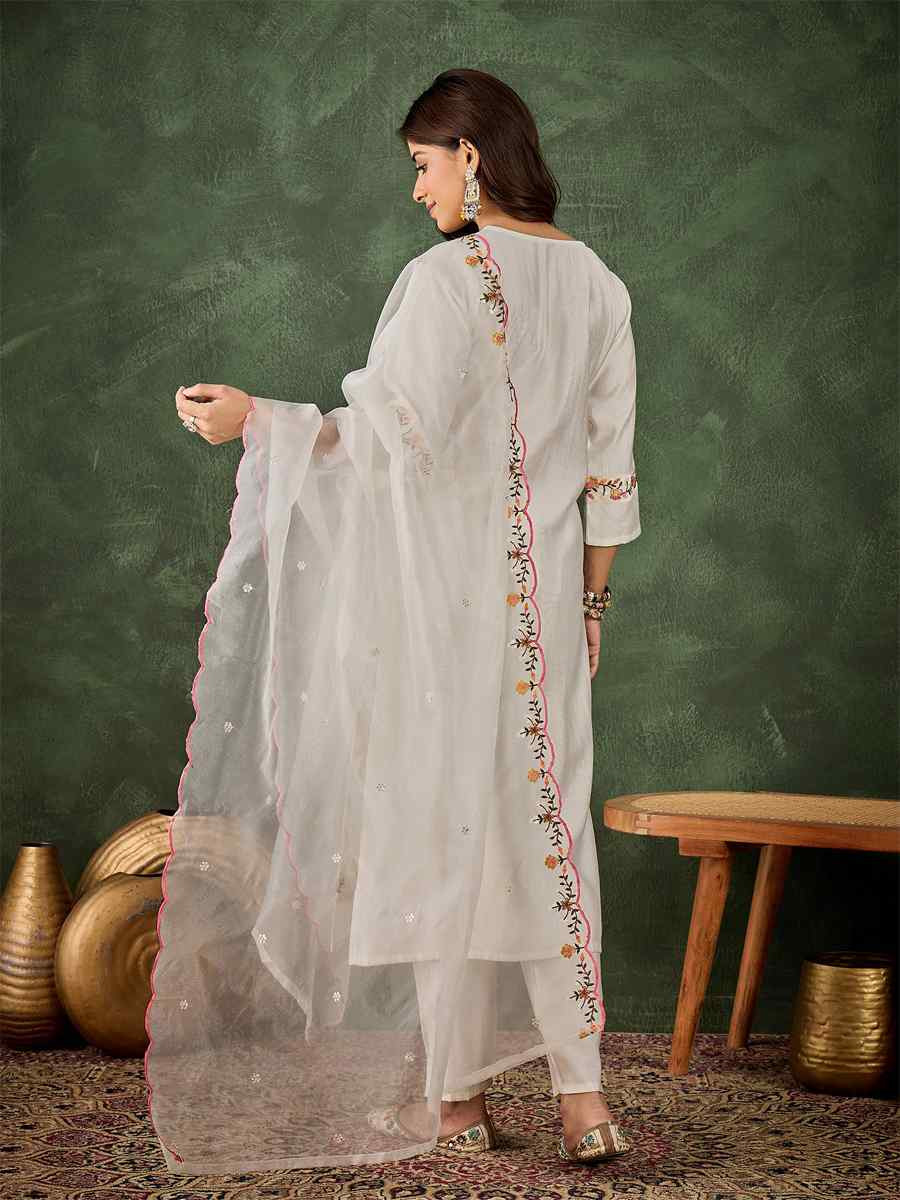 White Viscose Rayon Embroidery Party Wedding Festival Casual Ready Pant Salwar Kameez