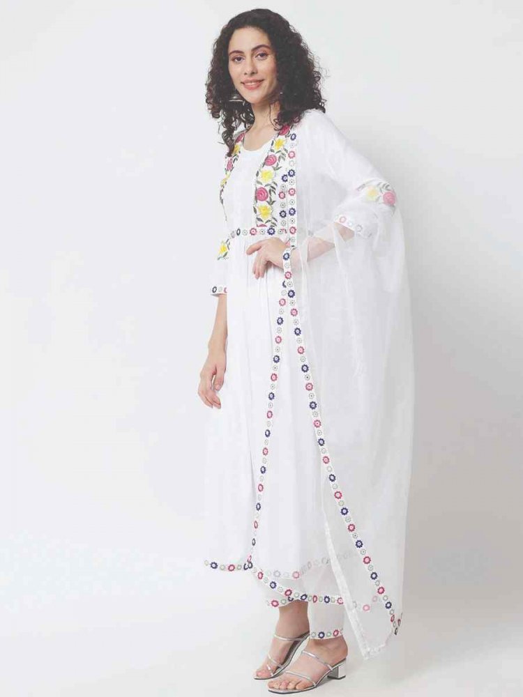 White Viscose Rayon Printed Festival Casual Ready Pant Salwar Kameez