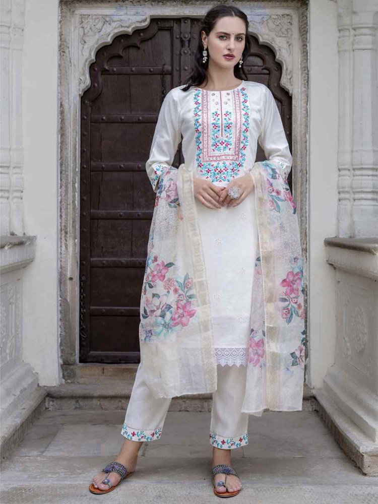 Image of White Viscose Roman Silk Embroidery Party Wedding Festival Casual Ready Pant Salwar Kameez