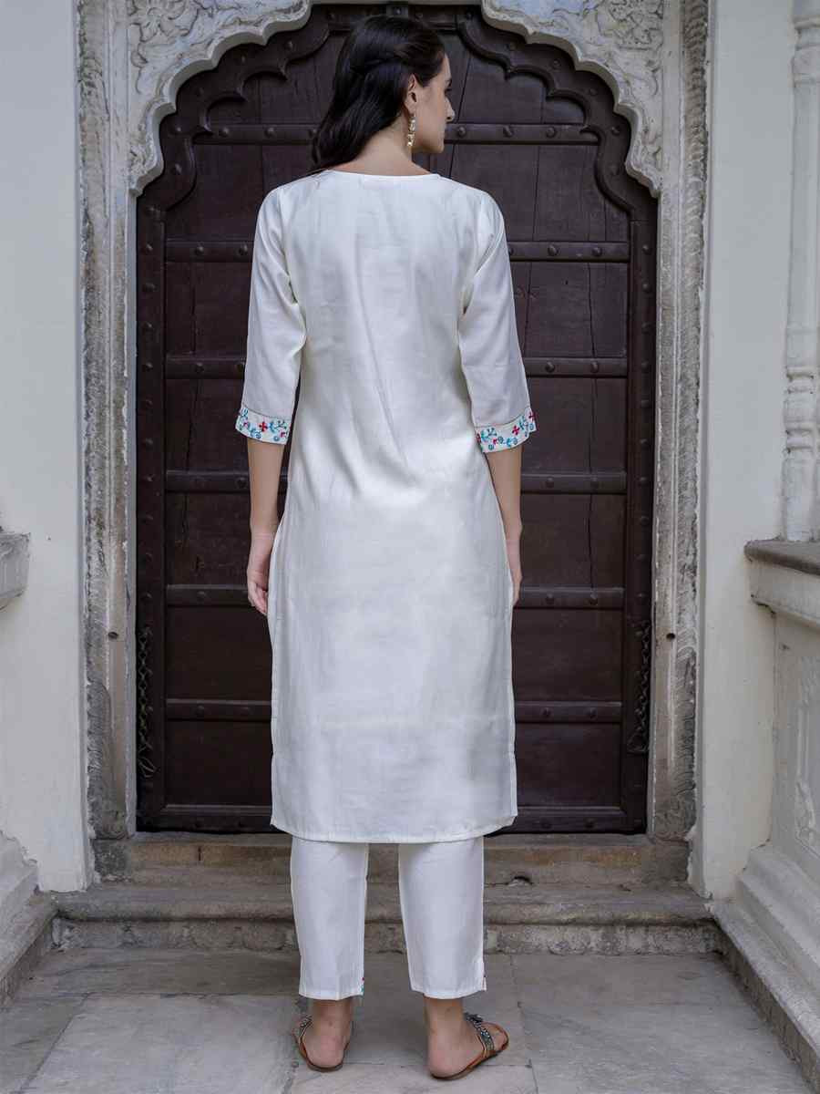 White Viscose Roman Silk Embroidery Party Wedding Festival Casual Ready Pant Salwar Kameez