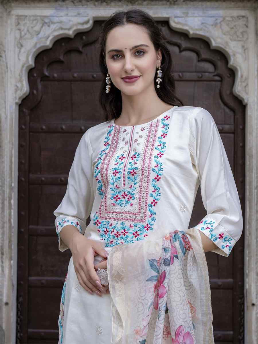 White Viscose Roman Silk Embroidery Party Wedding Festival Casual Ready Pant Salwar Kameez