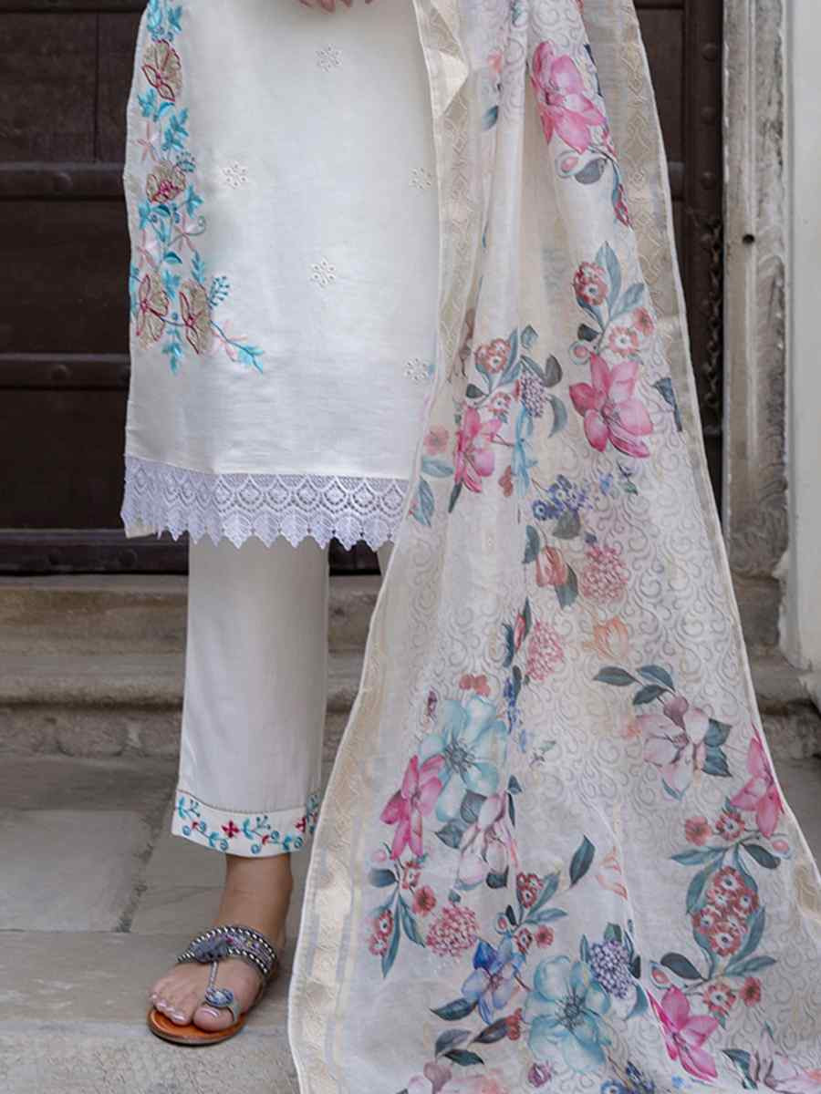 White Viscose Roman Silk Embroidery Party Wedding Festival Casual Ready Pant Salwar Kameez