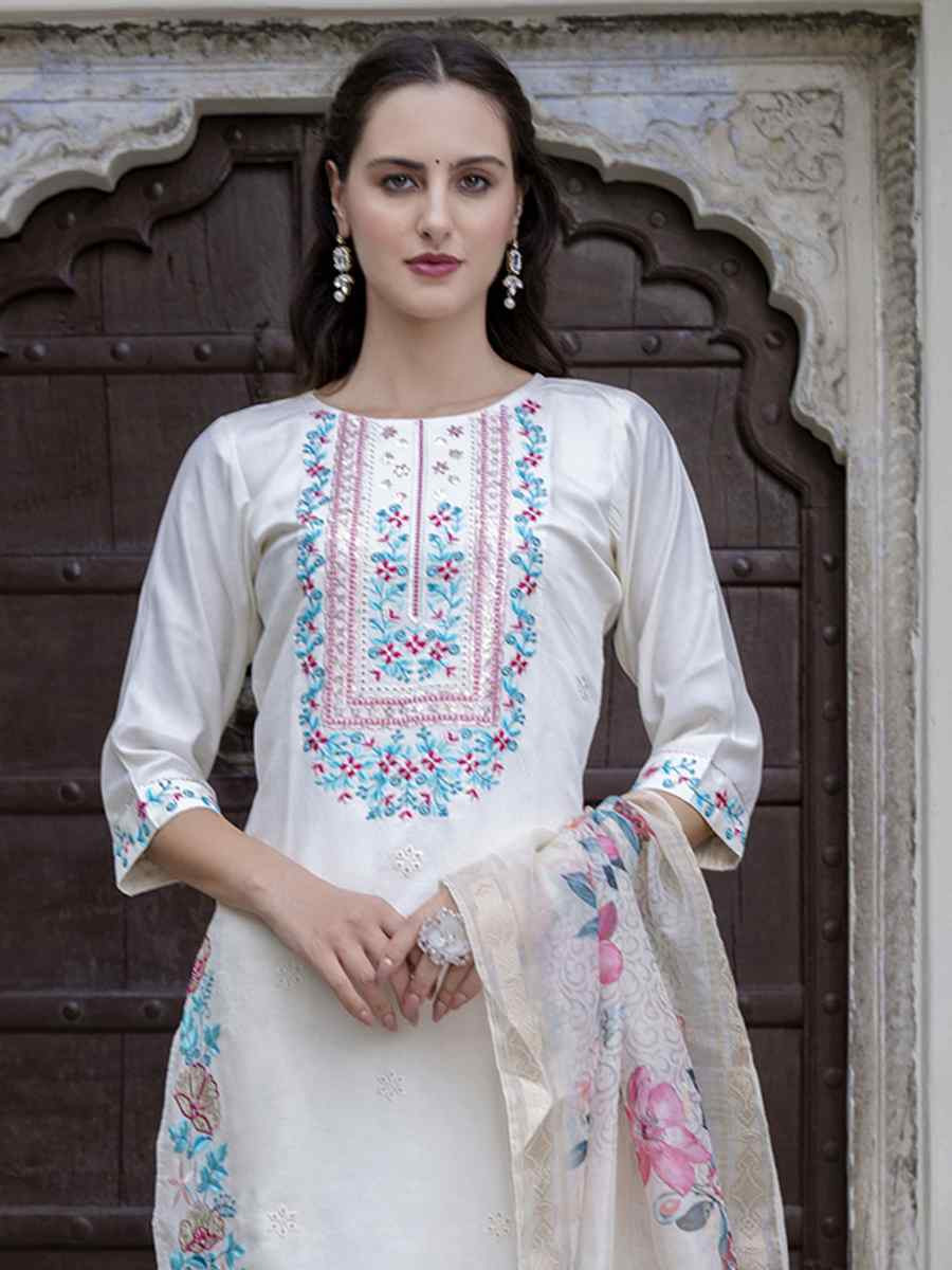 White Viscose Roman Silk Embroidery Party Wedding Festival Casual Ready Pant Salwar Kameez