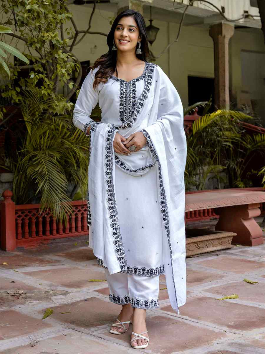 White Viscose Roman Silk Embroidery Party Wedding Festival Casual Ready Pant Salwar Kameez