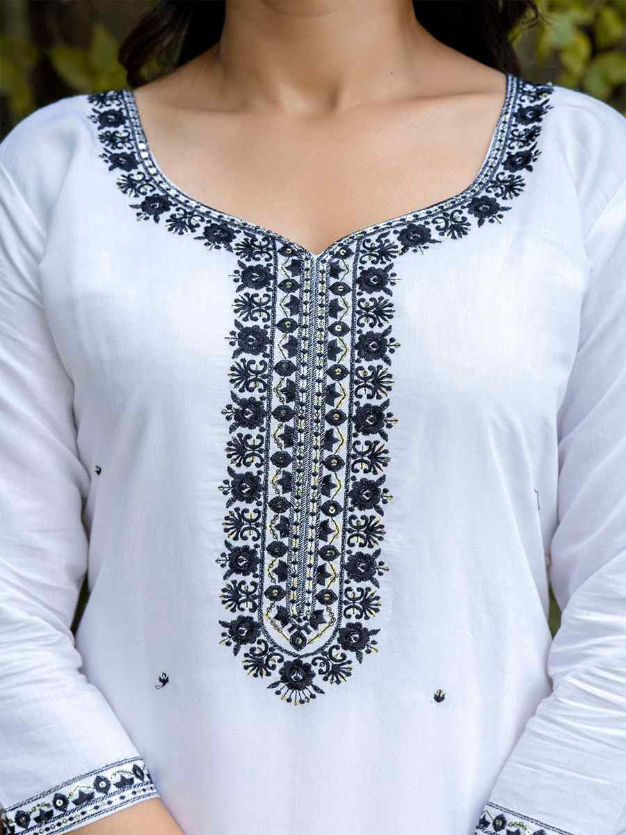 White Viscose Roman Silk Embroidery Party Wedding Festival Casual Ready Pant Salwar Kameez