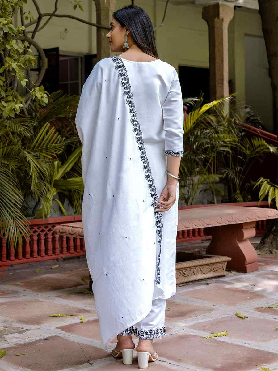 White Viscose Roman Silk Embroidery Party Wedding Festival Casual Ready Pant Salwar Kameez