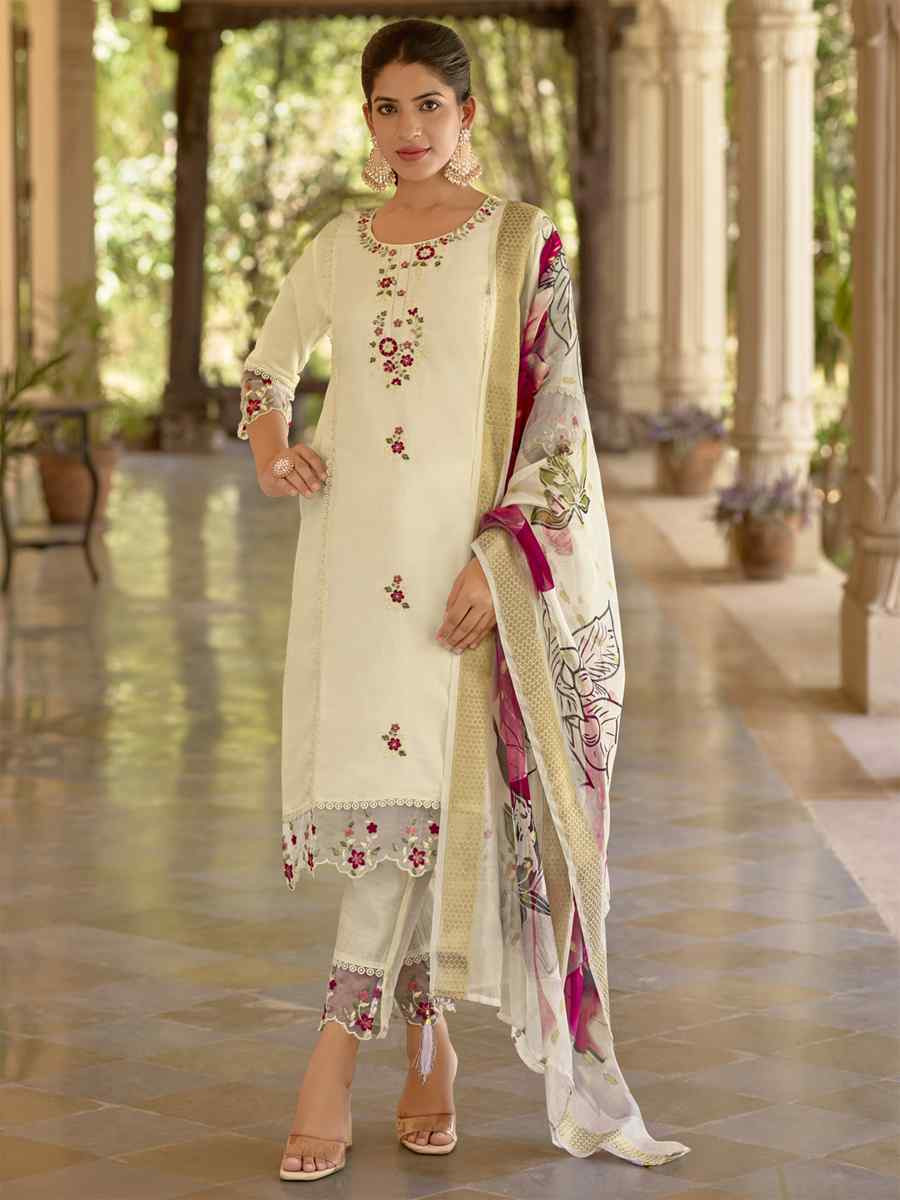 White Viscose Roman Silk Embroidery Party Wedding Festival Casual Ready Pant Salwar Kameez