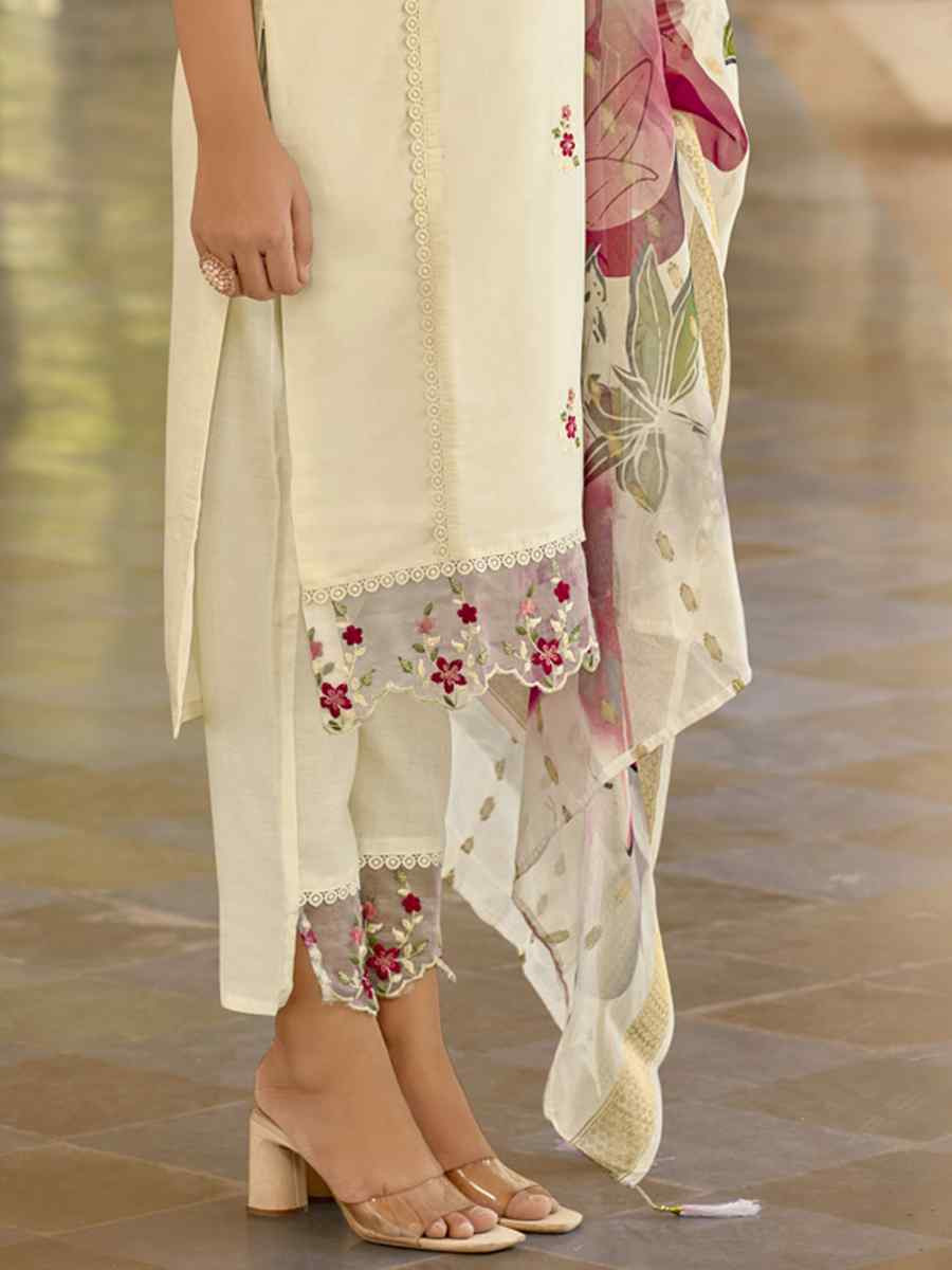 White Viscose Roman Silk Embroidery Party Wedding Festival Casual Ready Pant Salwar Kameez