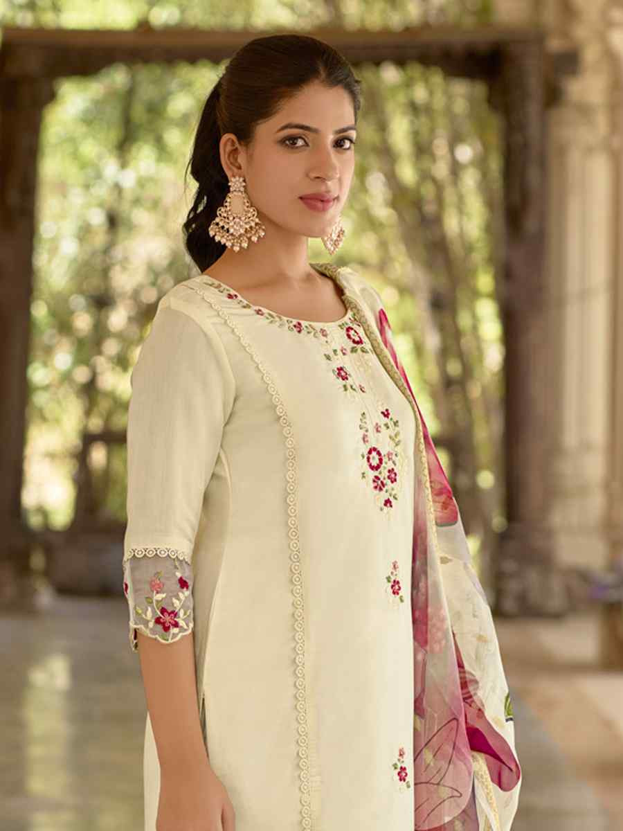 White Viscose Roman Silk Embroidery Party Wedding Festival Casual Ready Pant Salwar Kameez