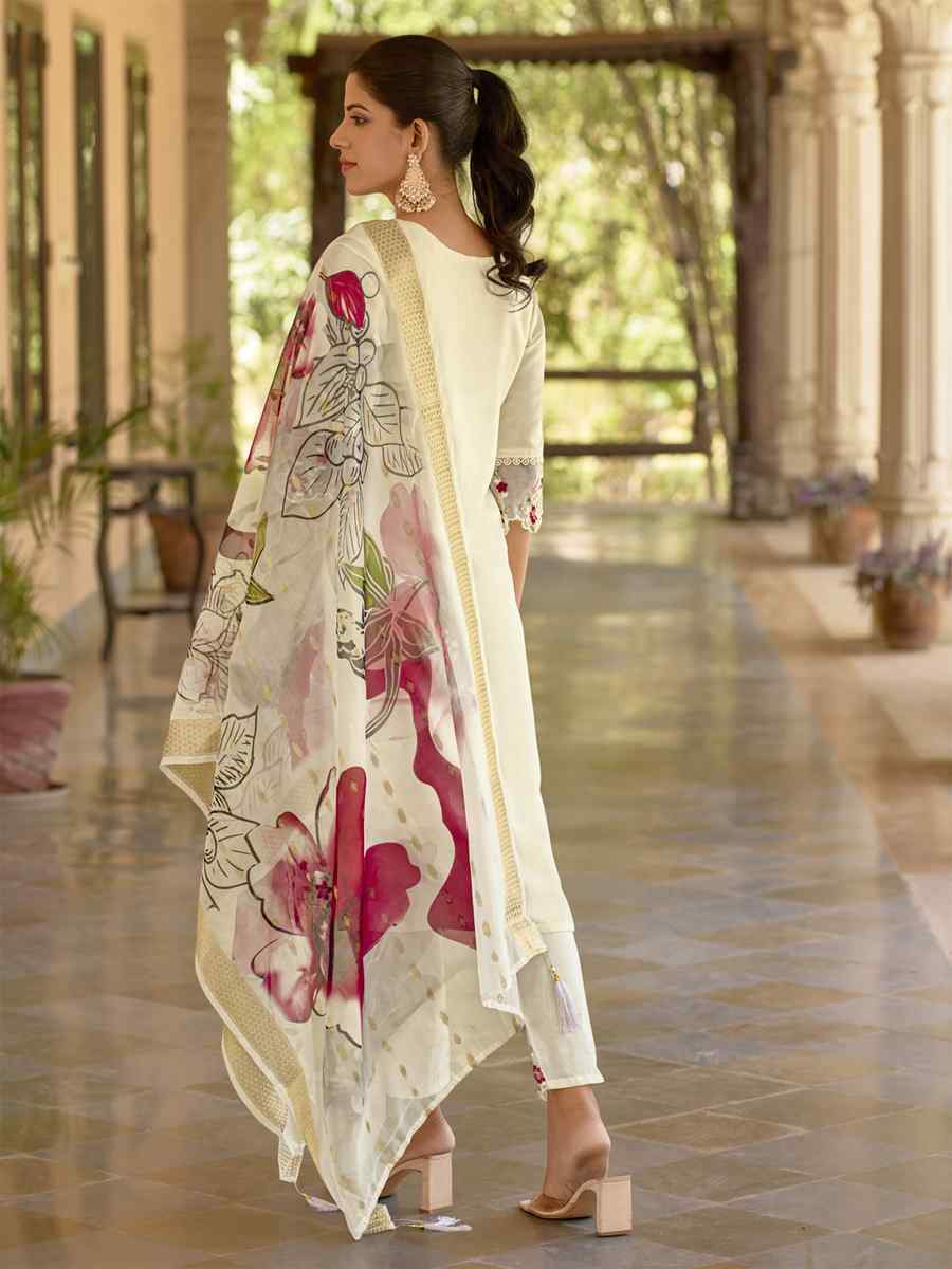 White Viscose Roman Silk Embroidery Party Wedding Festival Casual Ready Pant Salwar Kameez