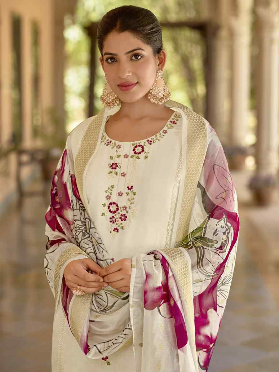 White Viscose Roman Silk Embroidery Party Wedding Festival Casual Ready Pant Salwar Kameez