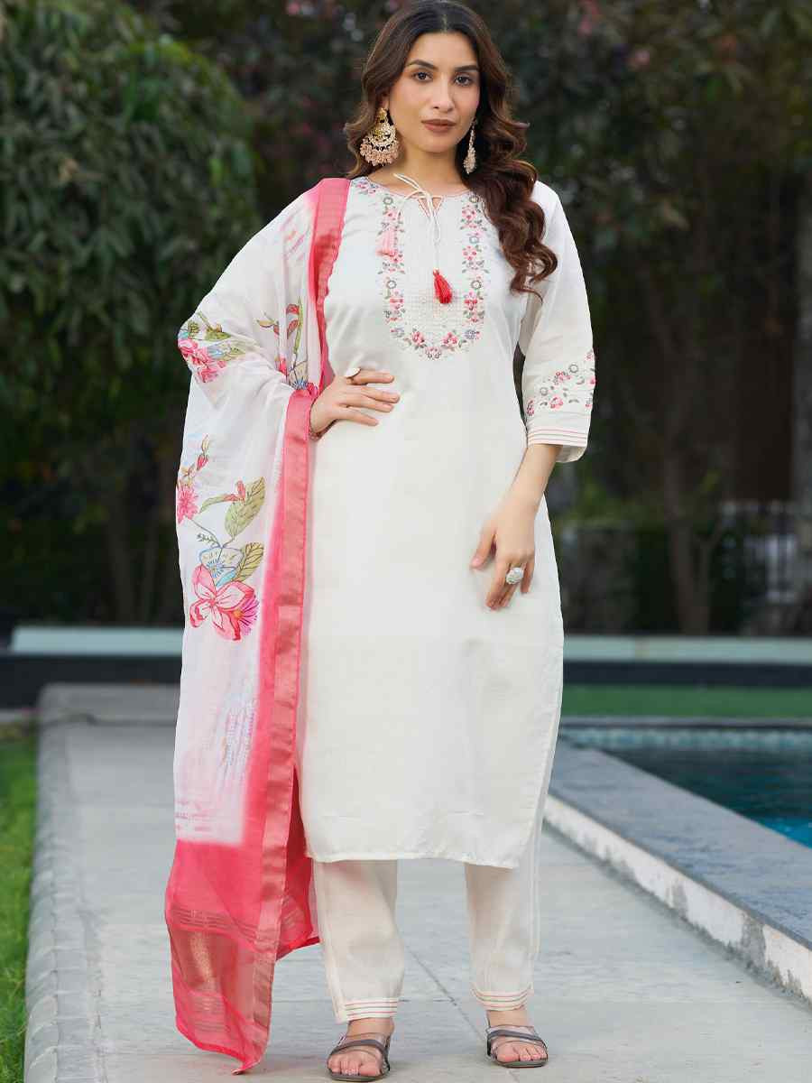 White Viscose Silk Embroidered Festival Casual Ready Pant Salwar Kameez