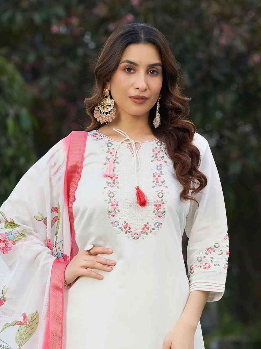 White Viscose Silk Embroidered Festival Casual Ready Pant Salwar Kameez
