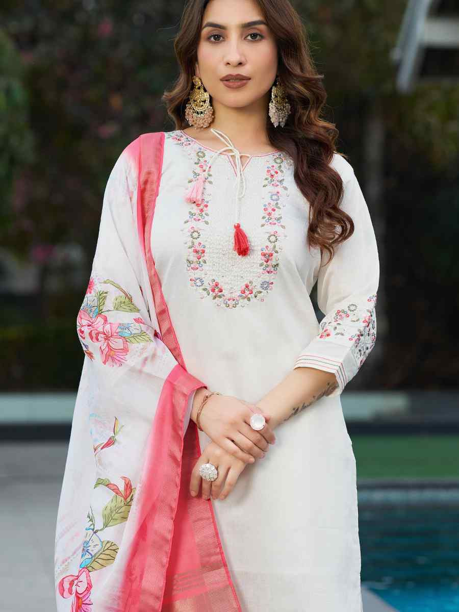 White Viscose Silk Embroidered Festival Casual Ready Pant Salwar Kameez