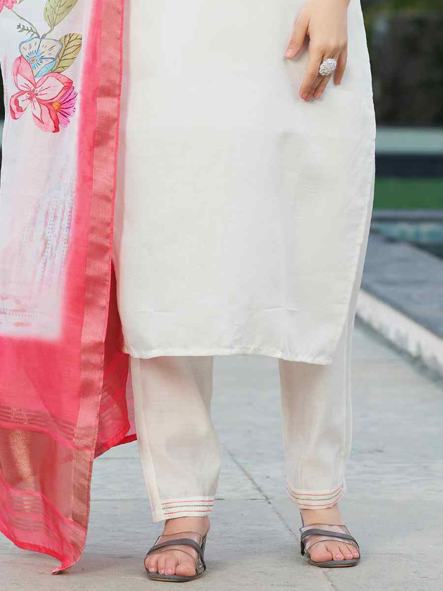 White Viscose Silk Embroidered Festival Casual Ready Pant Salwar Kameez