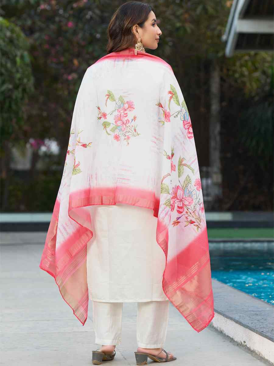 White Viscose Silk Embroidered Festival Casual Ready Pant Salwar Kameez