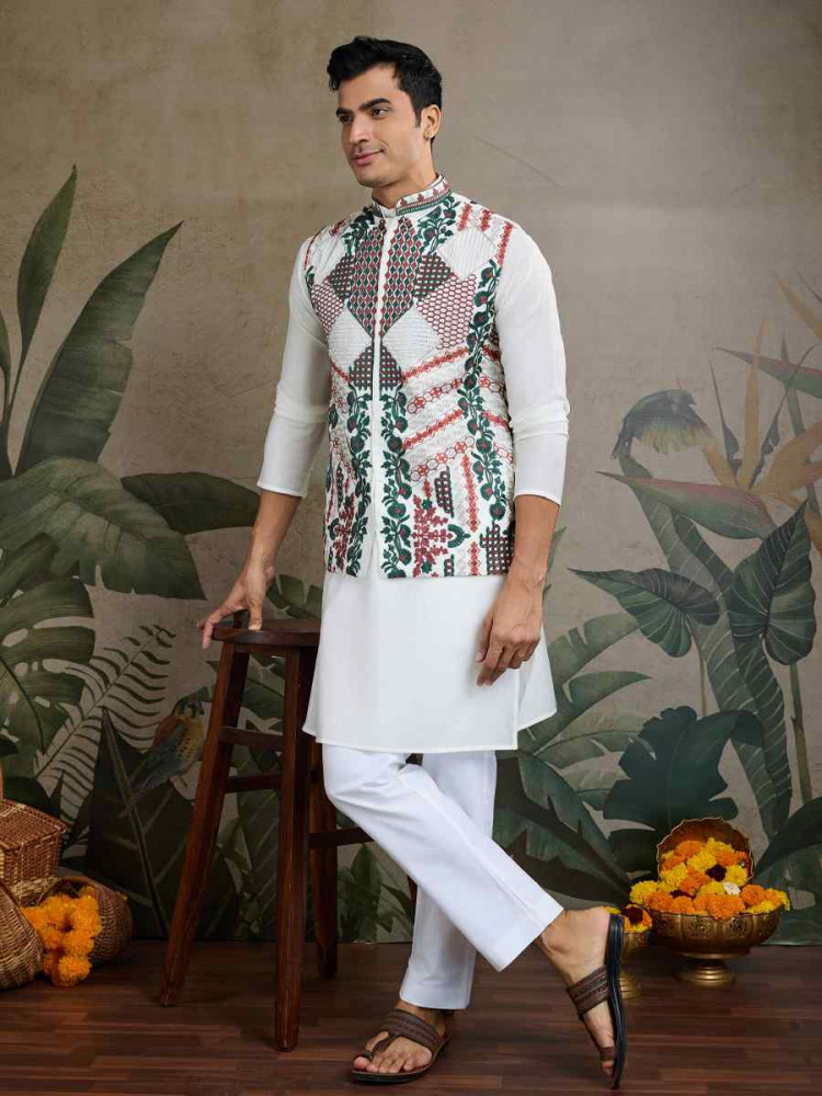 White Viscose Silk Embroidered Festival Party Kurta with Waistcoat