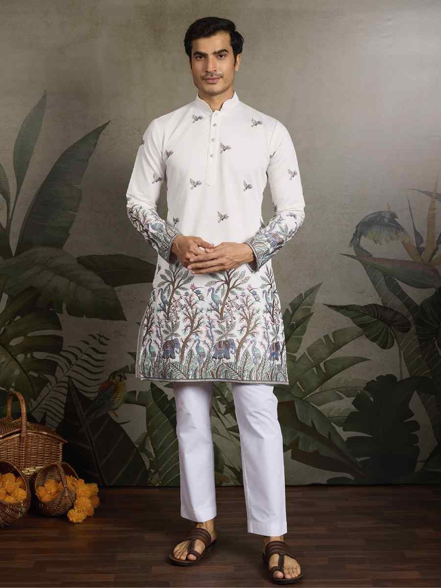 White Viscose Silk Embroidery And Printed Festival Wedding Party Mens Kurta