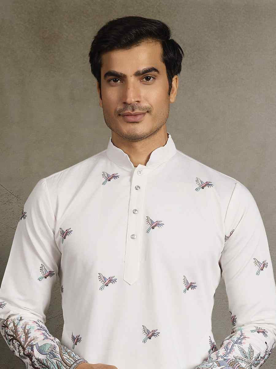 White Viscose Silk Embroidery And Printed Festival Wedding Party Mens Kurta