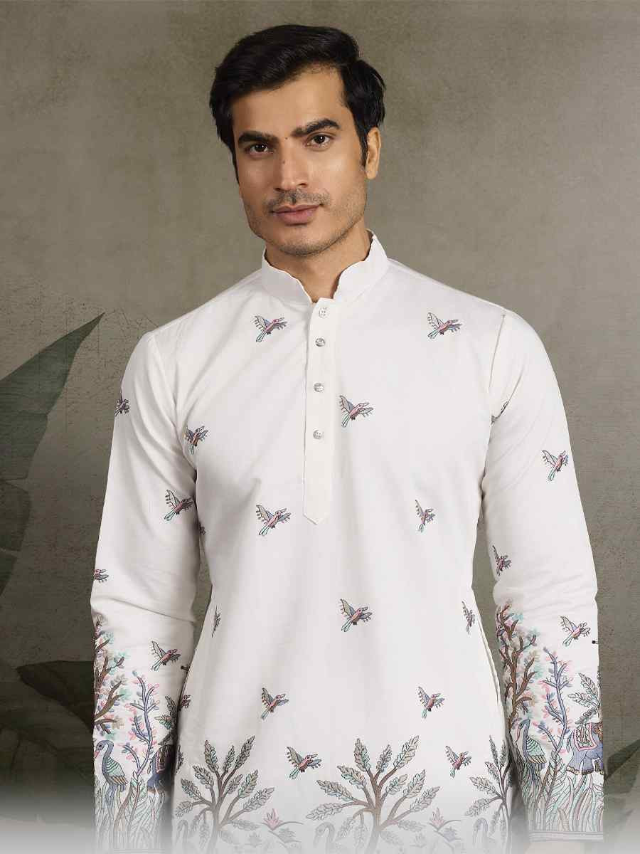 White Viscose Silk Embroidery And Printed Festival Wedding Party Mens Kurta
