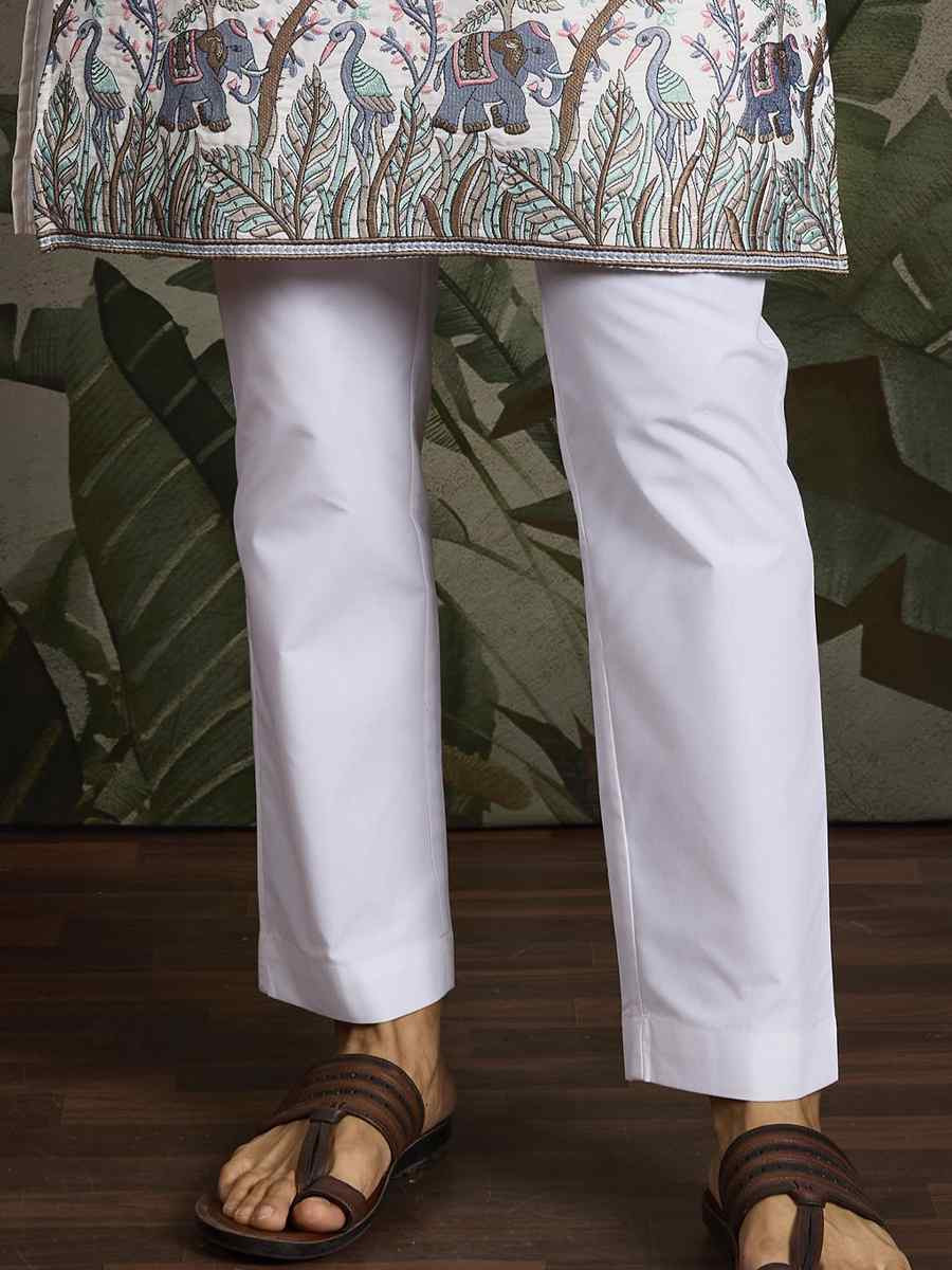 White Viscose Silk Embroidery And Printed Festival Wedding Party Mens Kurta