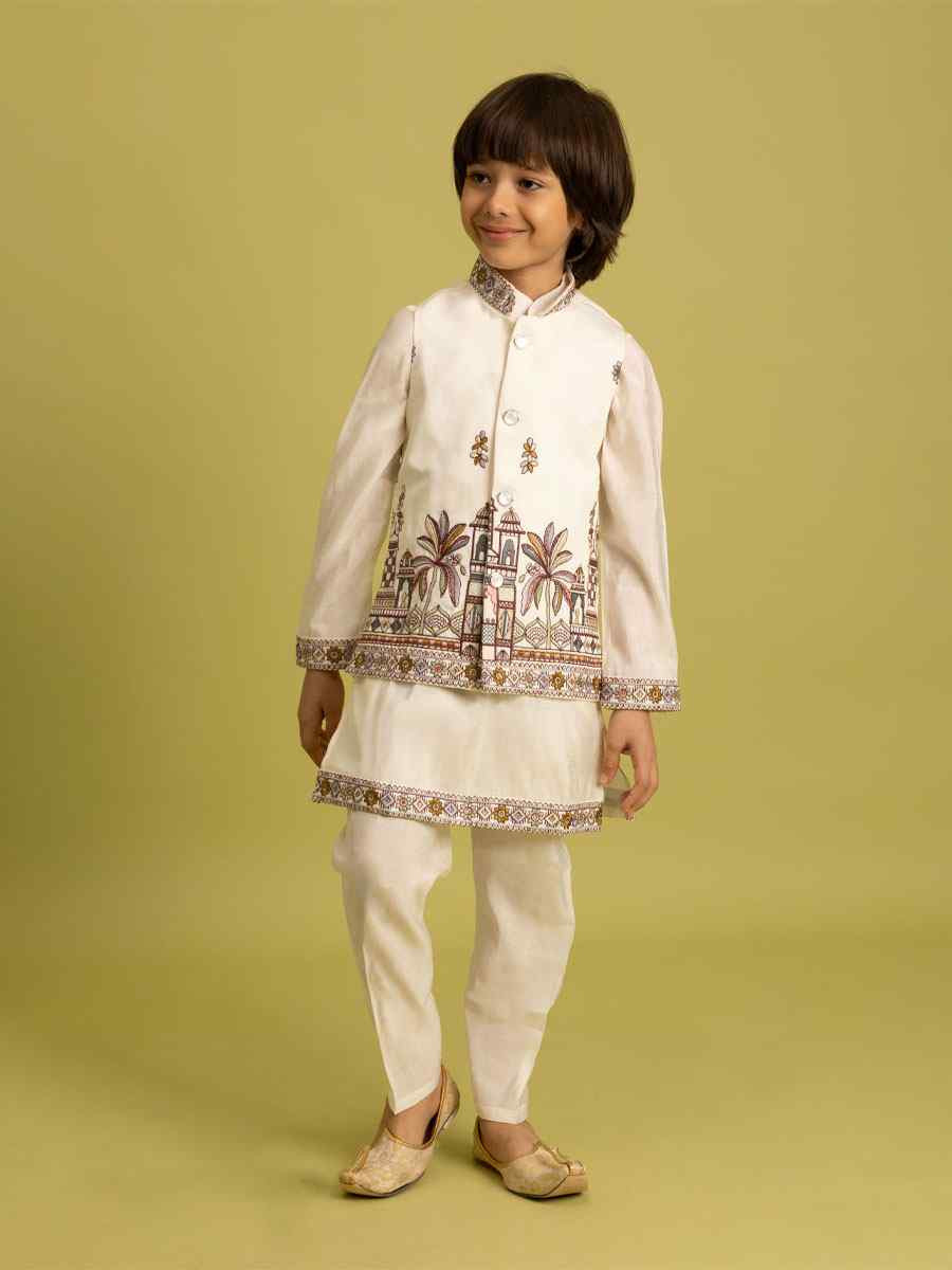 White Viscose Silk Embroidery Festival Traditional Kurta Pyjama Boys Wear