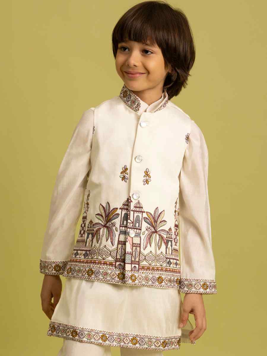 White Viscose Silk Embroidery Festival Traditional Kurta Pyjama Boys Wear