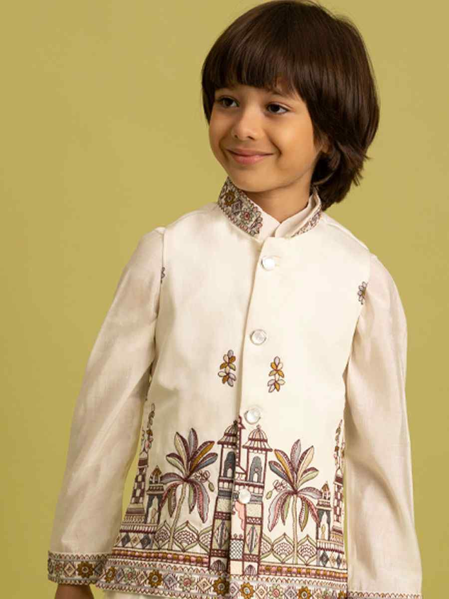 White Viscose Silk Embroidery Festival Traditional Kurta Pyjama Boys Wear