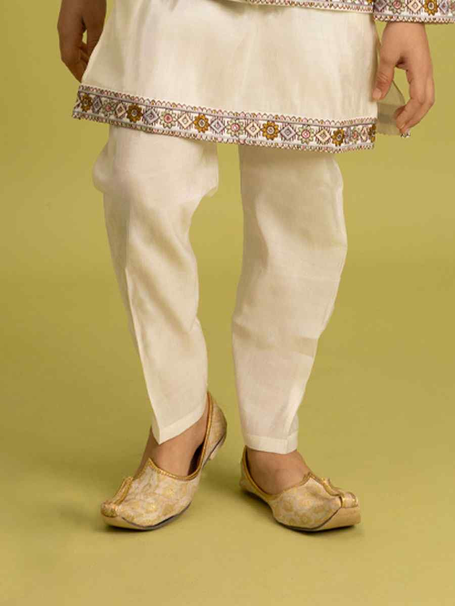 White Viscose Silk Embroidery Festival Traditional Kurta Pyjama Boys Wear