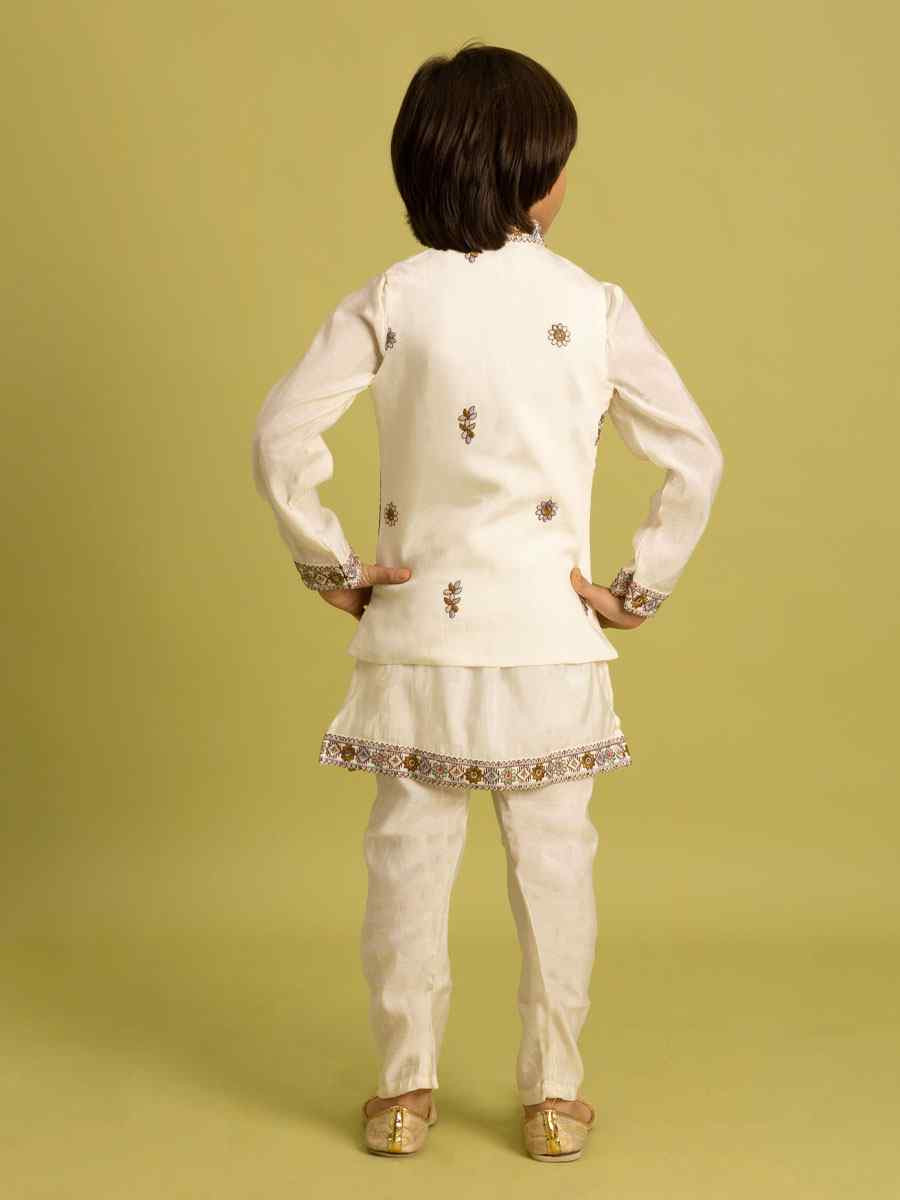 White Viscose Silk Embroidery Festival Traditional Kurta Pyjama Boys Wear