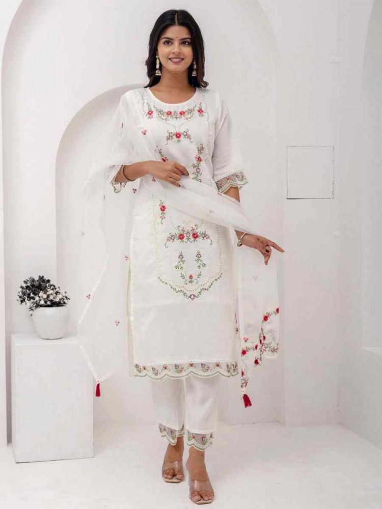 Image of White Viscose Silk Embroidery Party Wedding Festival Casual Ready Pant Salwar Kameez