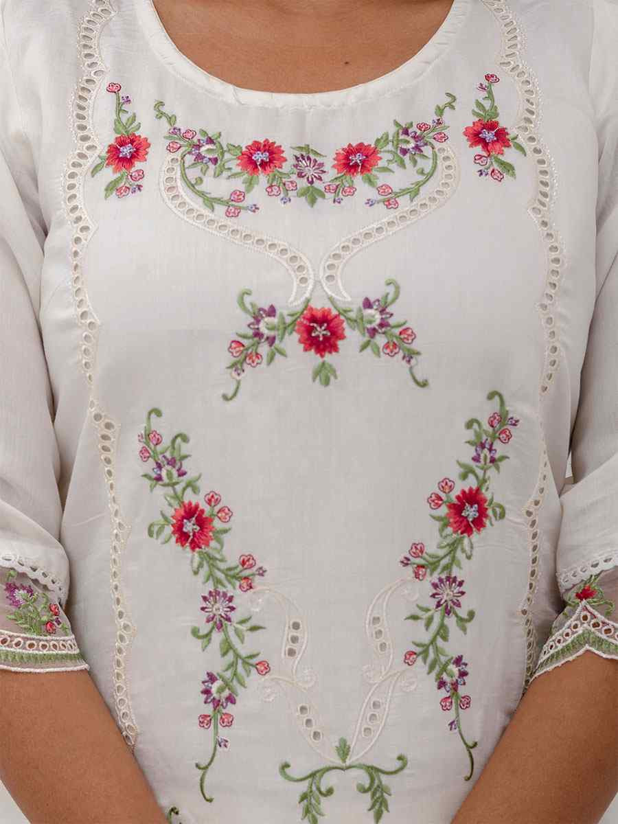 White Viscose Silk Embroidery Party Wedding Festival Casual Ready Pant Salwar Kameez