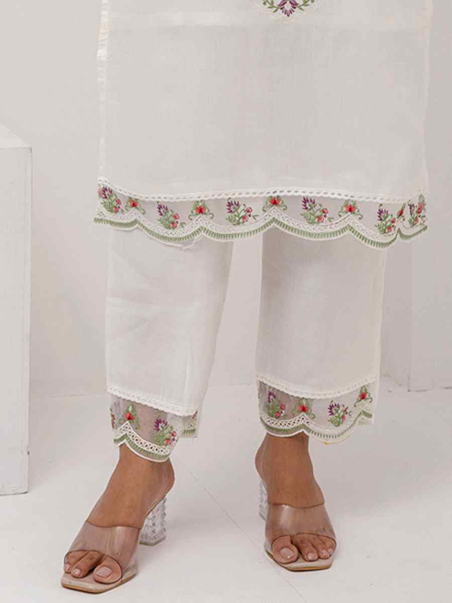 White Viscose Silk Embroidery Party Wedding Festival Casual Ready Pant Salwar Kameez