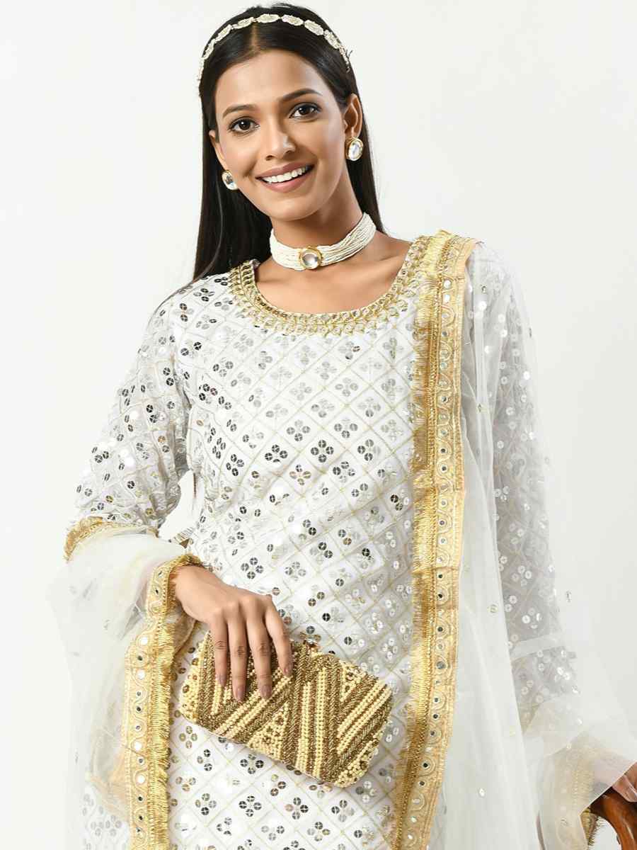 White Viscose Velvet Embroidered Festival Mehendi Ready Patiala Salwar Kameez